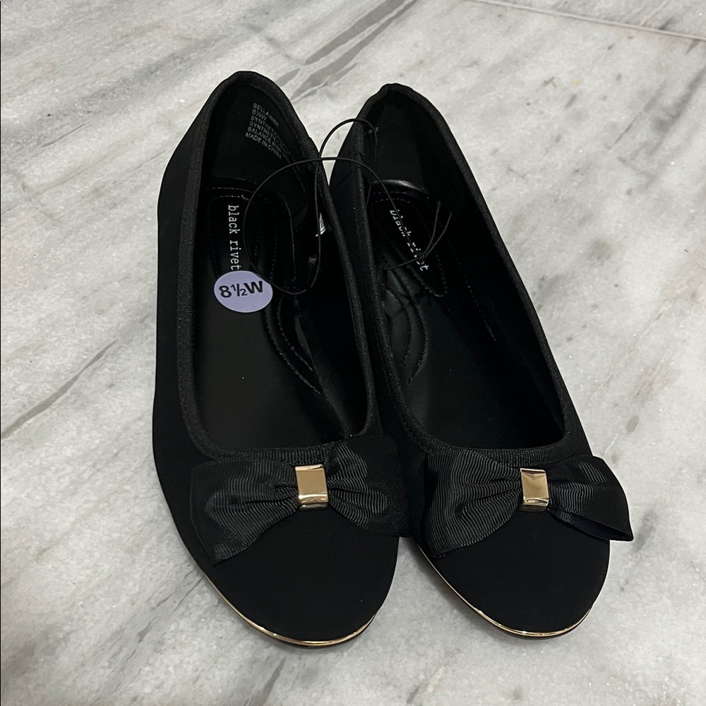 Black Rivet Black Flats with Gold Trim and Bow NWOT